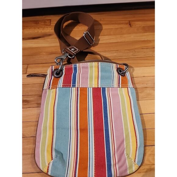 FOSSIL Crossbody Bag Striped Canvas Shoulder Purse Boho Floral Hippie Key - Picture 4 of 6